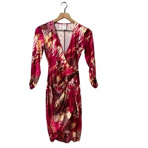 Cache Animal Print Raspberry Pink Brown Cream White Fitted Crossover Dress XS